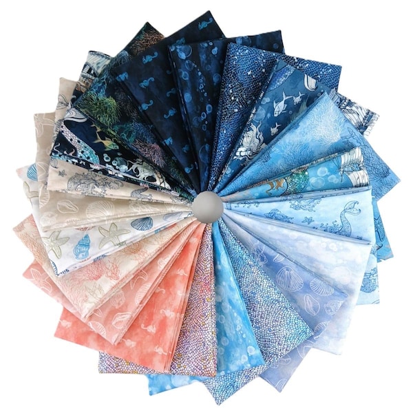 MERMAID Windham 20 Pc Fat Quarter Bundle - 100% Cotton - "Ocean Song" - Designer Quilting Fabric - Summer - Seahorse, Coral, Fish, Water