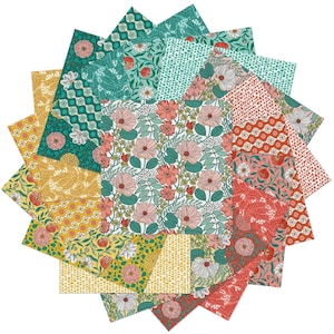 May include: A collection of square fabric swatches arranged in a circular fan pattern. The fabric features various floral and geometric prints in a color palette of teal, mustard yellow, coral pink, and white, with pinked edges on each square.