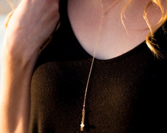 Lariat Necklace with a Gold Bar Dangle// Gold Lariat Necklace // Long  // 14 Karat GF Necklace // Pendant Necklace