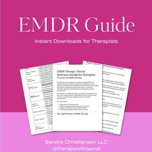 May include: A pink graphic with the text "EMDR Guide" and "Instant Downloads for Therapists." The image includes a stack of printed documents with the title "EMDR Therapy: Clinical Reference Bundle for Therapists."