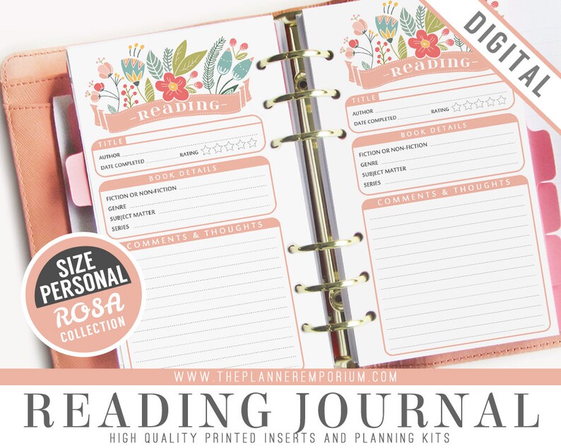 Personal Reading Journal Inserts ROSA Collection Fits Etsy