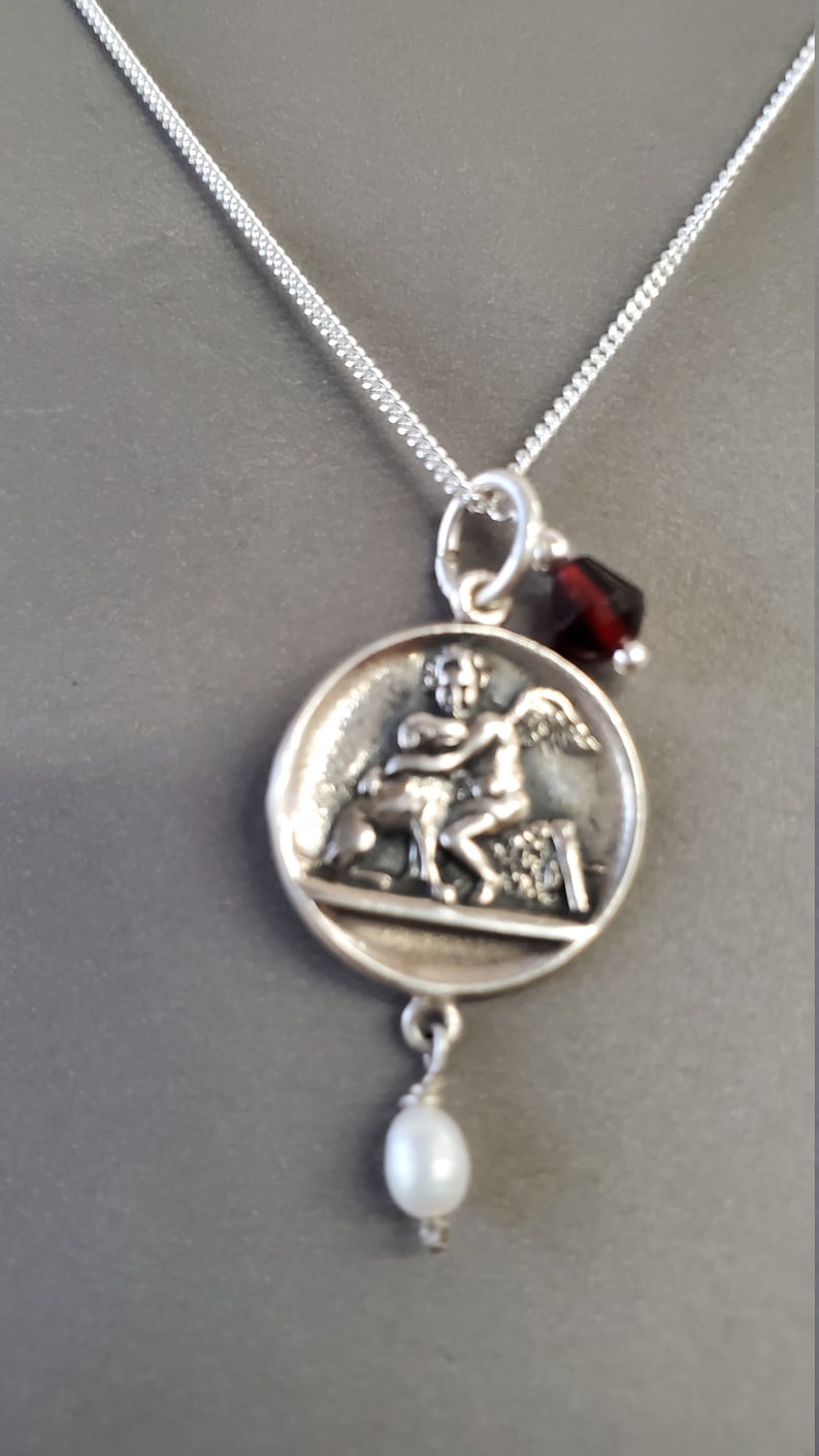 Sterling Silver Angel Cherub Pendant 17 mm with Sterling Silver Chain 16 Garnet and pearl drop