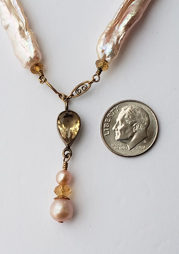 Gorgeous Citrine and Pearl Wire Wrap Necklace Wit… - image 3