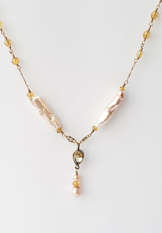 Gorgeous Citrine and Pearl Wire Wrap Necklace With