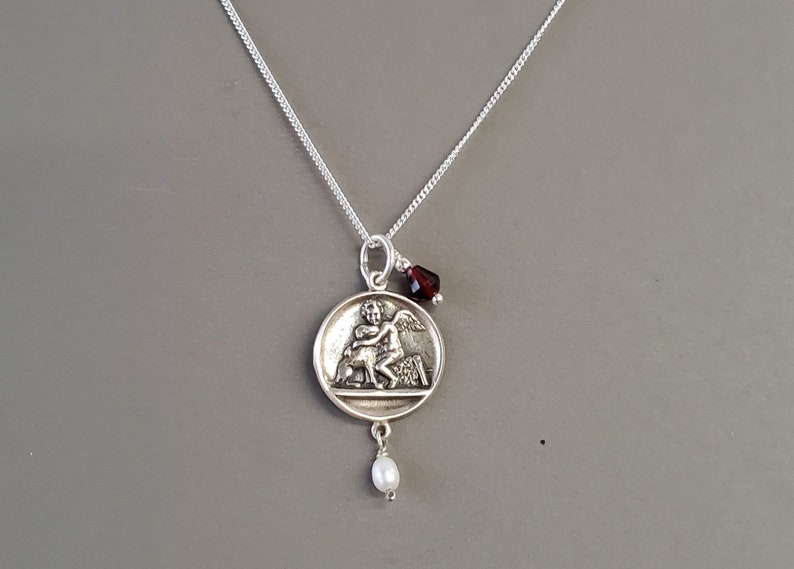 Sterling Silver Angel Cherub Pendant 17 mm with Sterling Silver Chain 16 Garnet and pearl drop