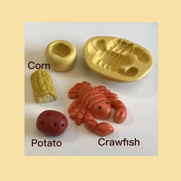 CRAWFISH BOIL silicone molds, push molds, potato mold, lobster mold,miniature corn mold, crayfish mold, crawfish mold, tinyhousemolds,