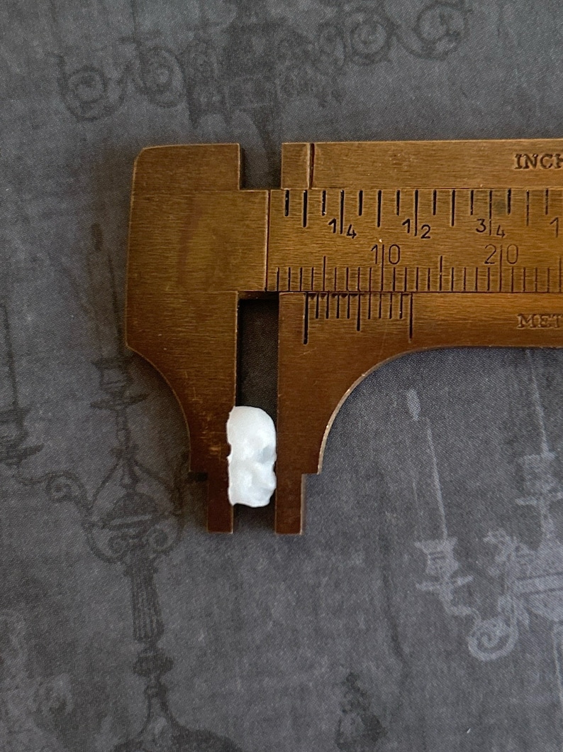 May include: A white ceramic skull charm measured with a brass ruler. The skull is approximately 1/2 inch in size.