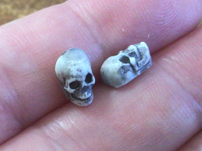 May include: Two small white ceramic skull figurines. One skull is facing forward, the other is facing to the side.