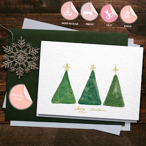 Kerstbomen wenskaart afdrukbare handgetekende digitaal aquareleffect minimalistisch Instant Download DIY Green Xmas uniek ontwerp
