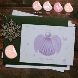 Angel Christmas Greeting Card Printable Hand Drawn Digital Watercolor Effect Minimalist Instant Download DIY Purple Minimalist Unique Design