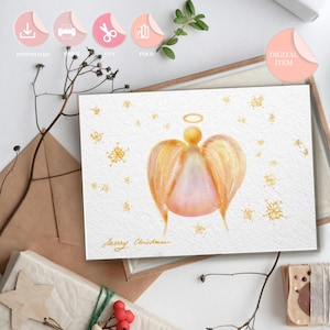 Engel kerstwenskaart afdrukbare handgetekende digitaal aquareleffect minimalistisch Instant Download DIY goud minimalistisch uniek ontwerp