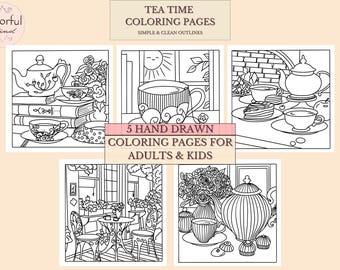 Tea Party Coloring Pages, Hand Drawn Illustrations (PDF Digital)