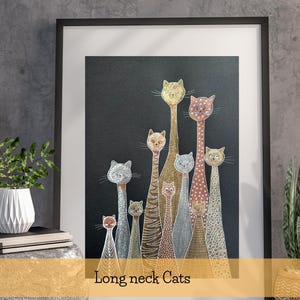 Arte de pared abstracto divertido con gatos y gatitos de cuello largo Acuarela y tinta sobre papel Diseño original listo para enmarcar Decoración metálica sobre papel negro