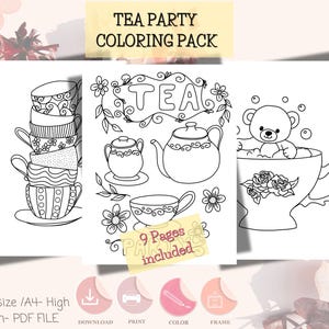 Tea Party Coloring Pack 9 Páginas de Atividades para Imprimir para Crianças | Download Digital em PDF Tamanho Carta dos EUA e A4 | Hora do Chá Divertida com Cores