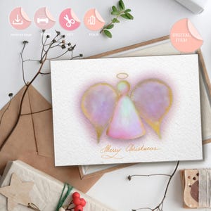 Engel kerstwenskaart afdrukbare handgetekende digitaal aquareleffect minimalistisch Instant Download DIY goud minimalistisch uniek ontwerp