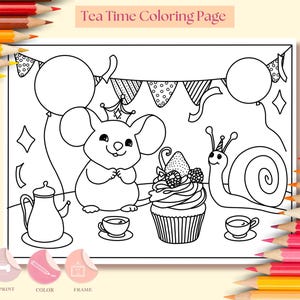 Página para colorir hora do chá para adultos e crianças, para impressão, tamanho carta dos EUA, PDF, download digital, diversão com cores, chá da tarde com ratos e cogumelos