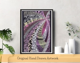 Disegno Zentangle originale, acquerello e inchiostro disegnati a mano, arte murale astratta (A4)