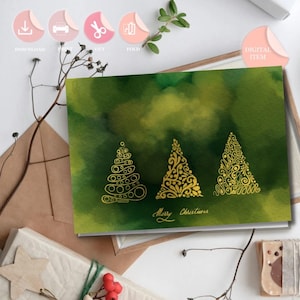 Kerstbomen wenskaart afdrukbare handgetekende digitaal aquareleffect minimalistisch Instant Download DIY Green Xmas uniek ontwerp