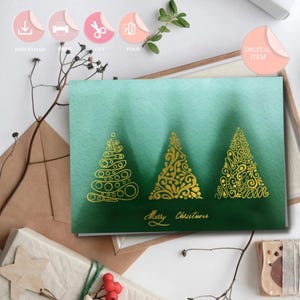 Kerstbomen wenskaart afdrukbare handgetekende digitaal aquareleffect minimalistisch Instant Download DIY Green Xmas uniek ontwerp