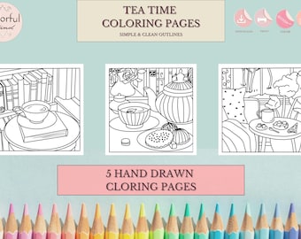 Puede incluir: Cinco páginas para colorear en blanco y negro que representan escenas de la hora del té. Las escenas incluyen una tetera, tazas de té, libros y pasteles. El texto "TEA TIME COLORING PAGES" está en la parte superior de la imagen.