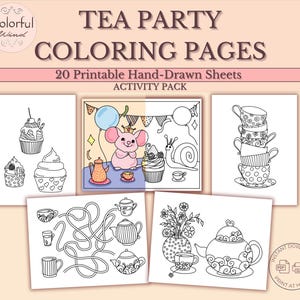 Pacote de atividades para colorir com 20 páginas para imprimir sobre a Festa do Chá para crianças | Carta dos EUA em PDF para download instantâneo | Hora do Chá para Crianças: Brincadeira divertida com cores