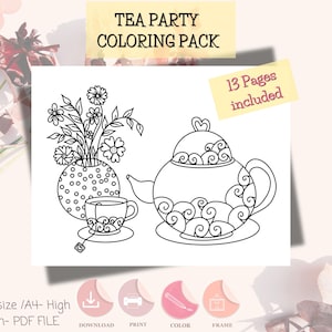 Tea Party Coloring Pack 13 Páginas de Atividades para Imprimir para Crianças | PDF Digital Download em Tamanho Carta dos EUA e A4 | Hora do Chá Divertida com Cores