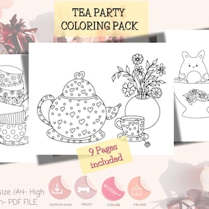 Tea Party Coloring Pack 9 Páginas de Atividades para Imprimir para Crianças | Download Digital em PDF Tamanho Carta dos EUA e A4 | Hora do Chá Divertida com Cores