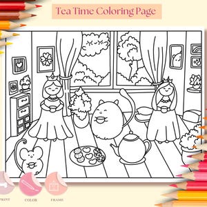 Página para colorir Tea Party para adultos e crianças, para impressão, tamanho carta dos EUA, PDF, download digital, diversão com cores Tea Party com a princesa Cat Mouse