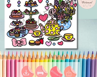 Tea Party Coloring Page | Hand-Drawn Flowers (PDF Printable)