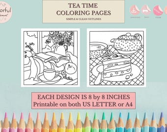 Tea Time Coloring Pages, Hand Drawn Illustrations, Adults Kids Activity (Digital Download)