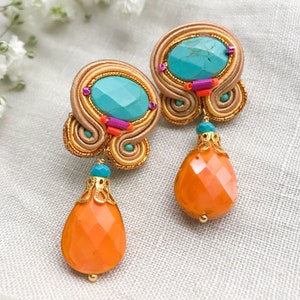 Small earrings made with Soutache and turquoise. Very light handmade embroidered jewelry. Teardrop earrings with omega clasp.