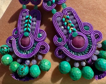 Long purple soutache earrings. luxury earrings with chrysocolla stones. Cluster earrings for special events.