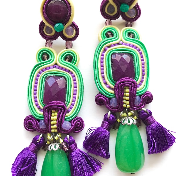 Long teardrop-shaped earrings made with soutache. luxurious guest earrings with tassels. Handmade and personalized jewelry