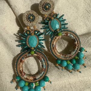 Earrings made with long orange and pink soutache. Earrings with colored beads ideal summer. Handmade jewelry for all events luxury jewelry