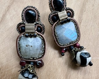 Small soutache earrings with Labradorite stone. Alchemical jewelry with natural stones. Earrings for any occasion. Gifts