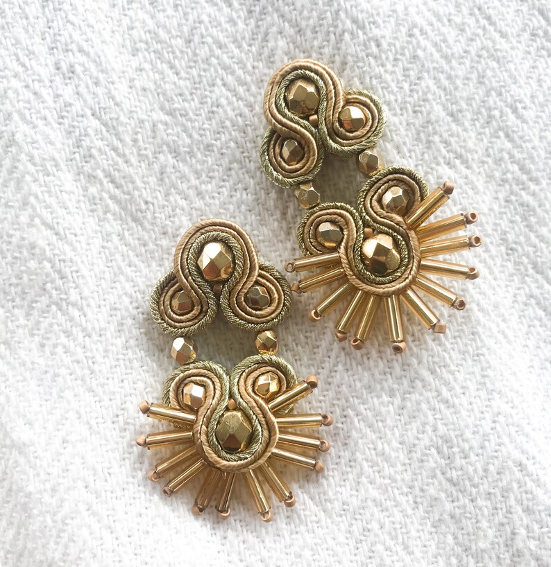 Small golden soutache earrings. Gold earrings for a wedding guest. Embroidered jewelry with soutache and golden Czech glass. special gift image 2