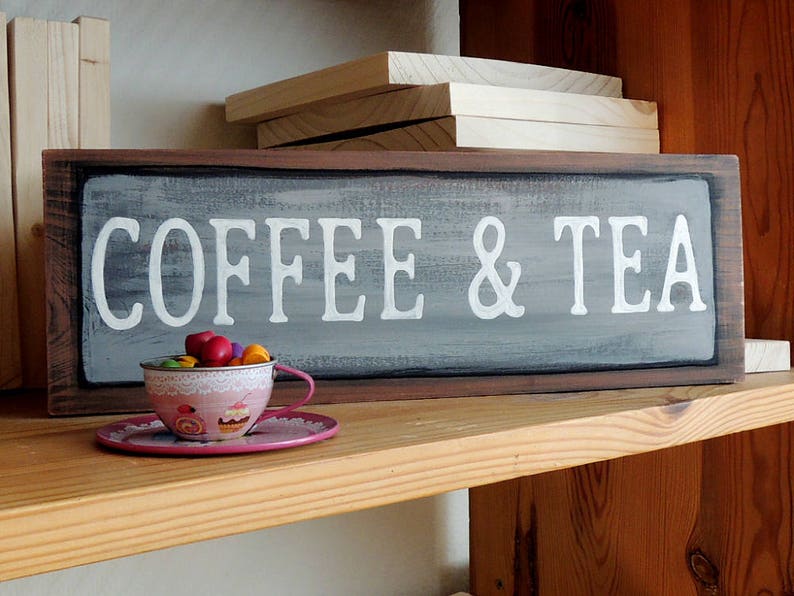 Coffee and Tea, Coffee sign, Coffee bar, Coffee corner decor, Farmhouse style, Farmhouse decor, Handpainted, Coffee corner, I love Coffee image 1