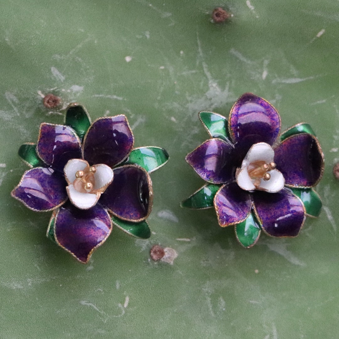 Vintage Thousand Flowers Purple Lilac Earrings Etsy