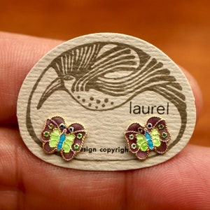 Jahrgang Lorbeer Burch Schmetterling lila und grün Gold-Vermeil Ohrstecker