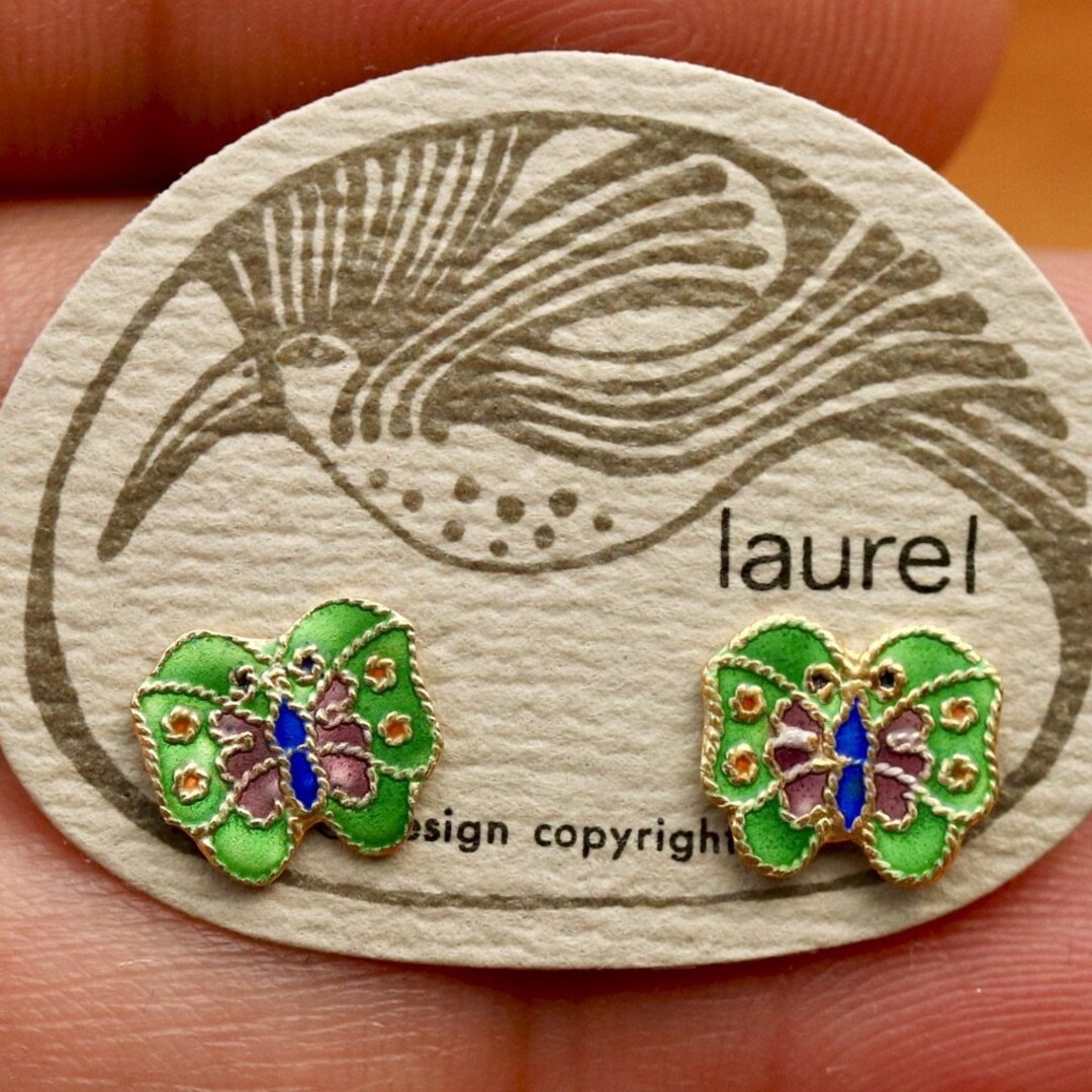 vintage Laurel Burch April Butterfly earrings in blue, teal, and purple.  Vintage Laurel Burch Clip-on Earrings,  main image 4