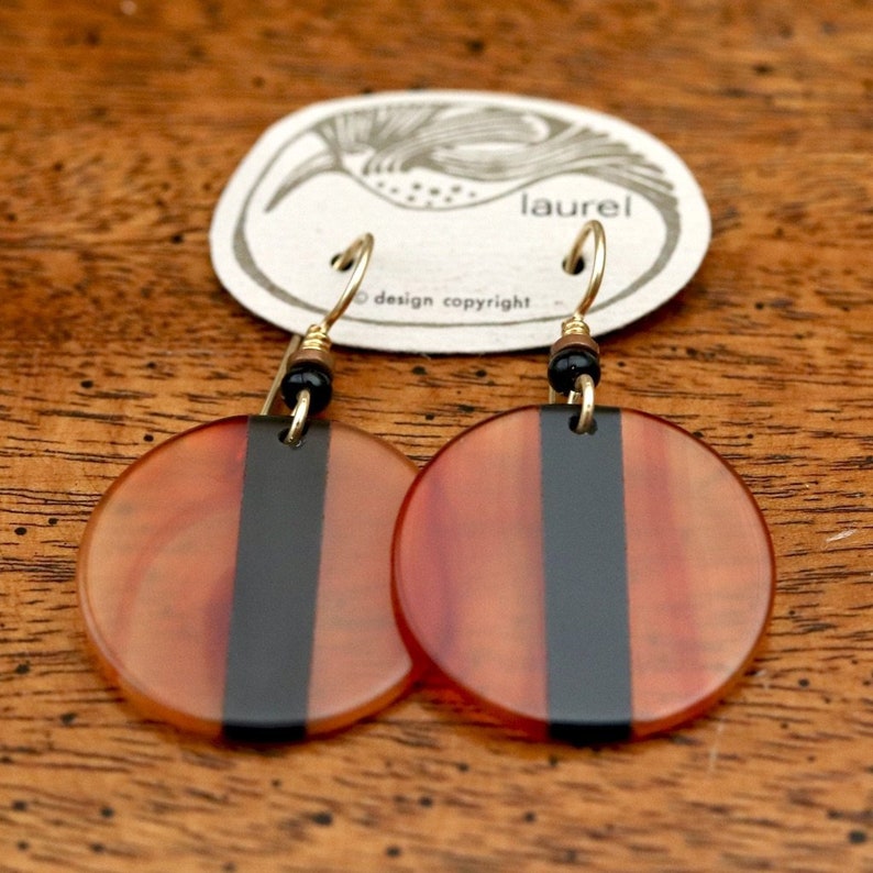 Vintage Laurel Burch Amber and Black Lucite Round Gold-Plate Dangles