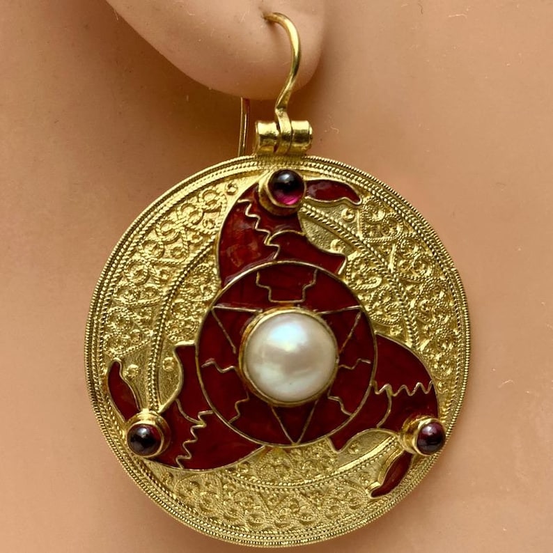 Sutton Hoo Triskelion Pearl and Garnet Earrings