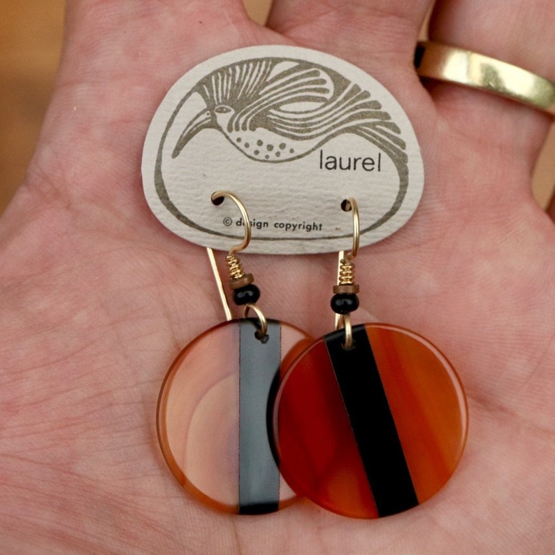 Vintage Laurel Burch Amber and Black Lucite Round Gold-Plate Dangles