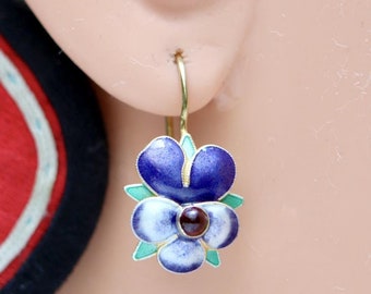 Vintage Shashi Garnet Purple Passion Flower Enamel Earrings