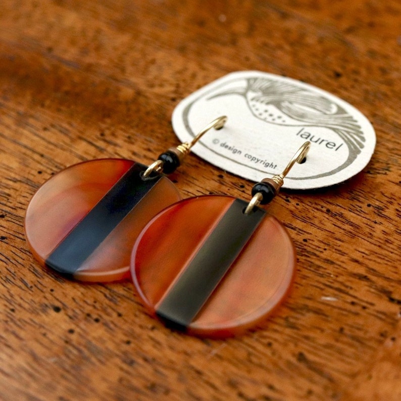 Vintage Laurel Burch Amber and Black Lucite Round Gold-Plate Dangles