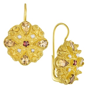 Fanny Burney Citrine, Garnet and Pearls Earrings