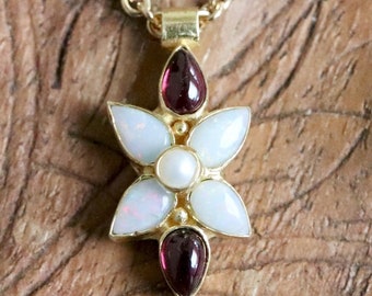 Flora Opal, Garnet and Pearl Necklace