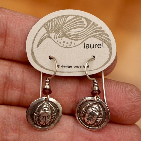 Vintage Laurel Burch Scarab Silver Plate Earrings - image 1