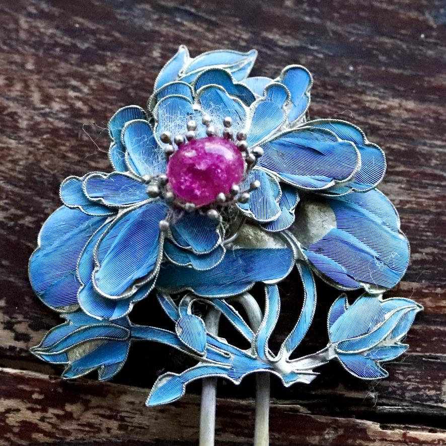 清朝時代のアンティーク天翠（點翠）ヘアピン - 特大 - Etsy 日本