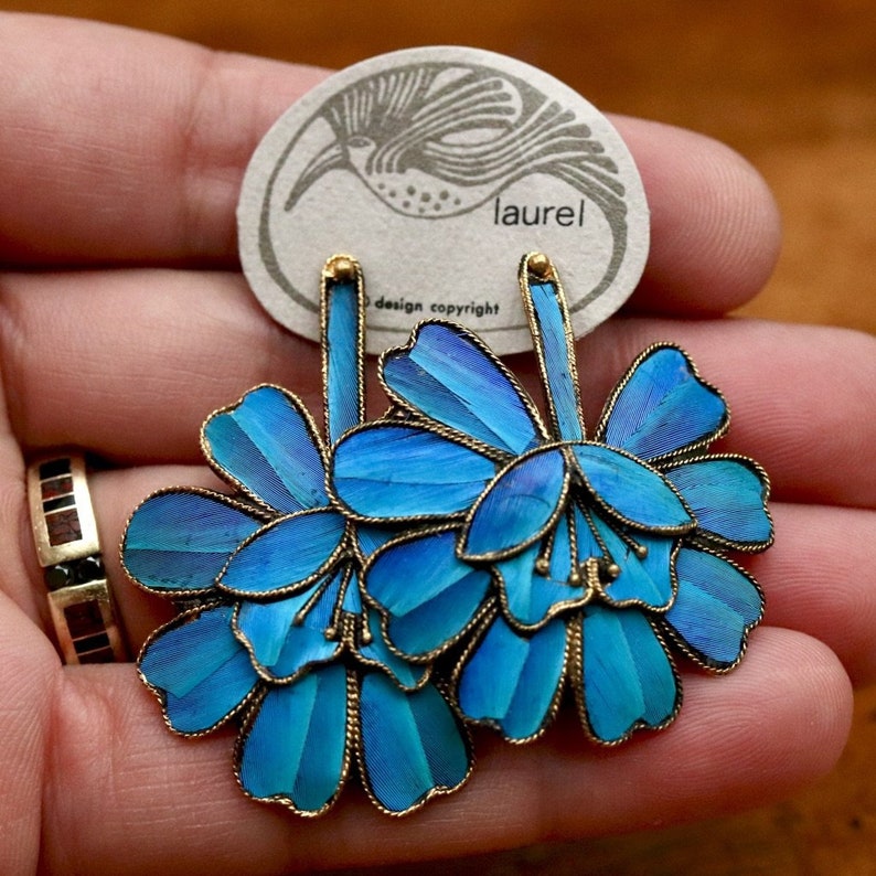 Vintage Laurel Burch Large Tian-Tsui 點翠 Flower Gold-Vermeil Earrings image 1